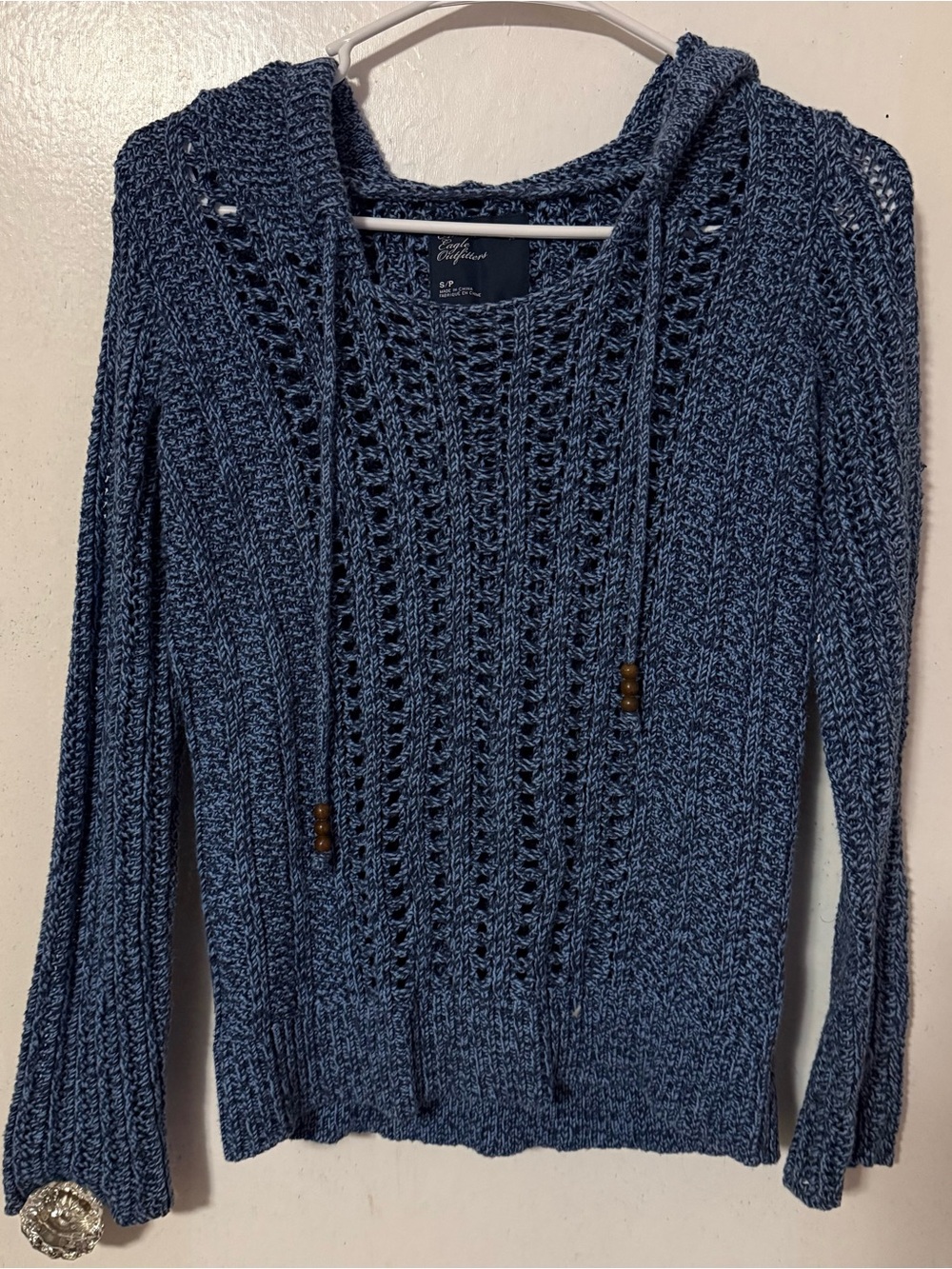 American Eagle Outfitters blue cable knit sweater with hood, size S #knitwear